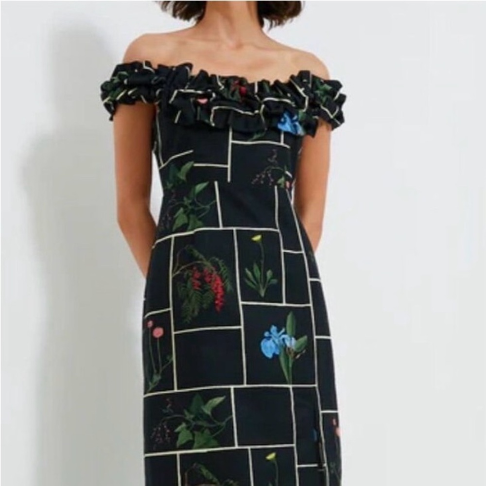 Tuckernut Black Cotton Floral Grid Ruffle Off the Shoulder Shoulder Dress